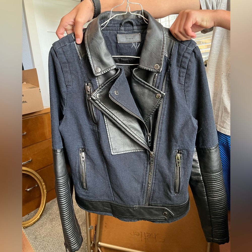 Blank NYC blue black canvas faux leather jacket Women's M biker motorcycle punk - Picture 16 of 16